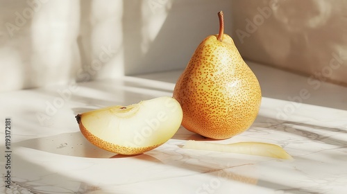 a crunchy pear  with a nearby pear slice on a white surface