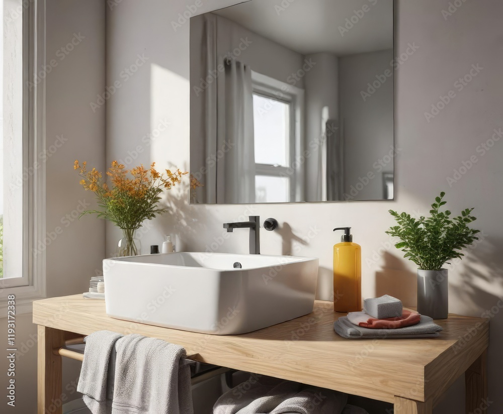 A bathroom sink with a mirror behind it, partially covered by a towel , towel, sink