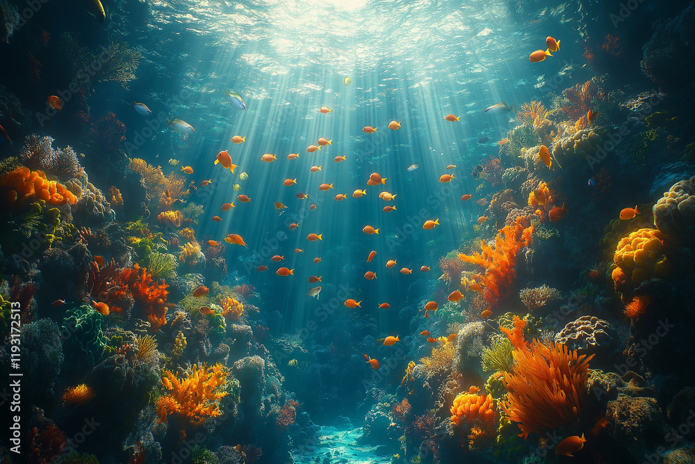 Naklejka premium Récif corallien vibrant sous-marin avec poissons colorés et tortues