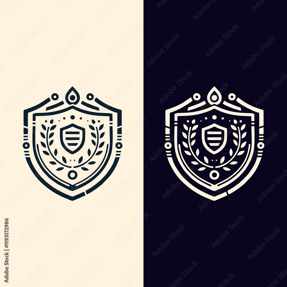 Fototapeta premium Vintage Classic Floral Shield Roman and Greek Line Drawing Style Logo Design, T-shirt and Streetwear
