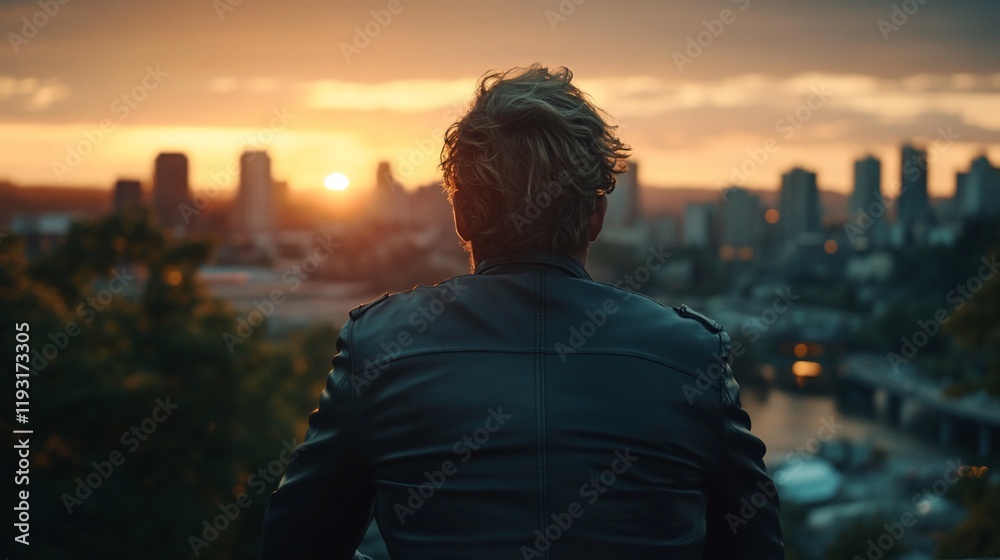 Fototapeta premium Man in leather jacket watches sunset over city skyline.