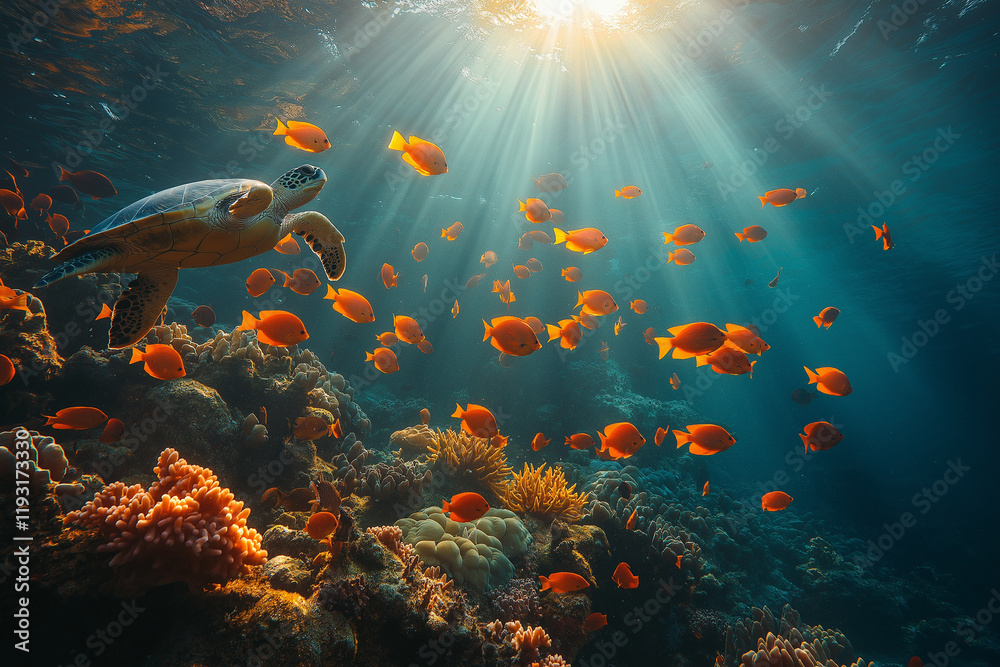 Naklejka premium Récif corallien vibrant sous-marin avec poissons colorés et tortues