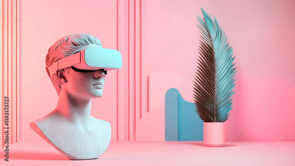 Obraz premium A roman bust wearing virtual reality headset in a colorful metaverse