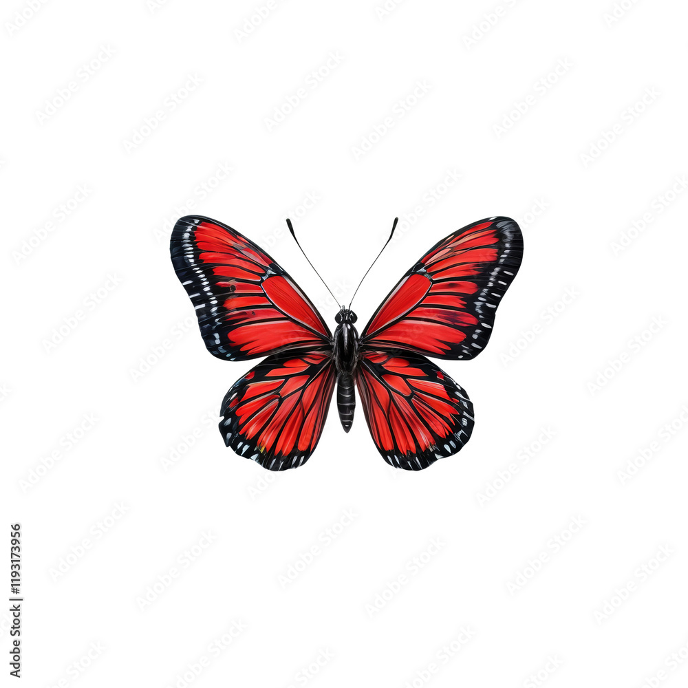 Obraz premium Crimson Wings: A vibrant watercolor painting depicts a captivating butterfly with rich crimson wings, showcasing intricate patterns and delicate details.