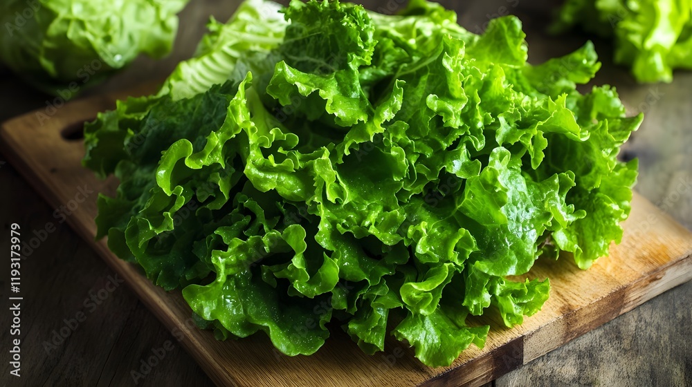 Fresh Green Lettuce Leaves on Wooden Board Fresh Green Lettuce Leaves on Wooden Board