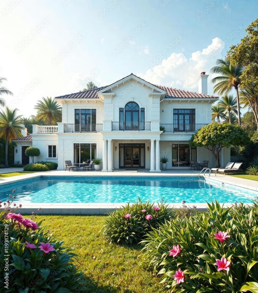 Fototapeta premium A beautiful white house with a sparkling pool and lush greenery in front, garden, serene