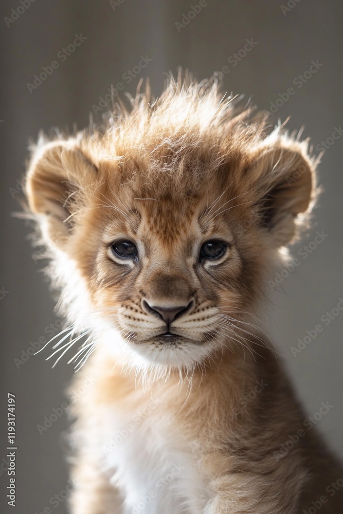 Adorable lion cub portrait, fluffy mane, curious gaze. Adorable lion cub portrait, fluffy mane, curious gaze.
