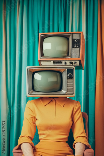 Woman with vintage televisions instead of head sitting on chair in front of turquoise curtain