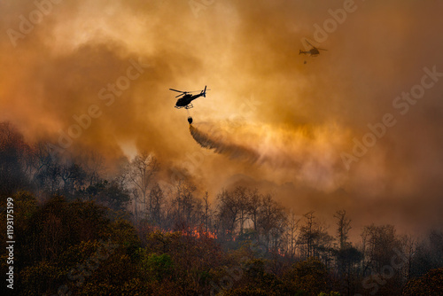 Fire fighting helicopter carry water bucket to extinguish the forest fire. photo