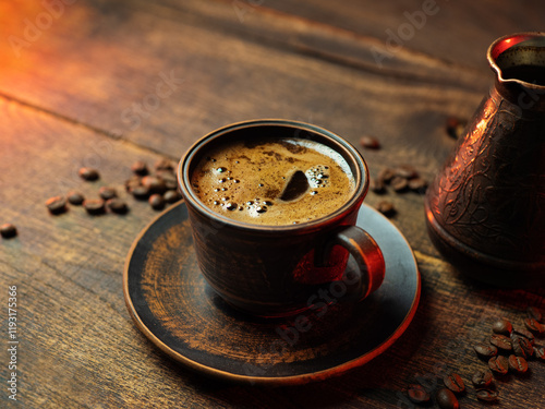 cup of Turkish coffee and cezve on a wooden table