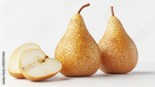 a crunchy pear  with a nearby pear slice on a white surface