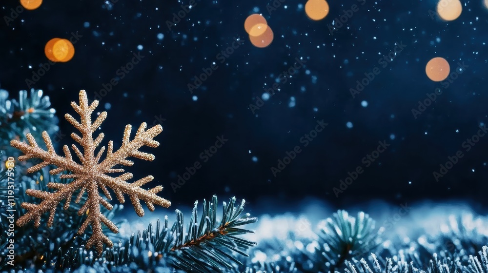A sparkling snowflake nestled in evergreen branches, creating a magical winter scene with soft glowing lights.