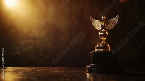 A shining Emmy trophy with its iconic winged woman holding a globe, on a dark stage. photo