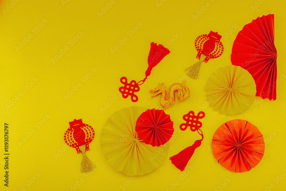 Obraz premium Happy Chinese New Year traditional concept. Oriental asian style paper fans on red background