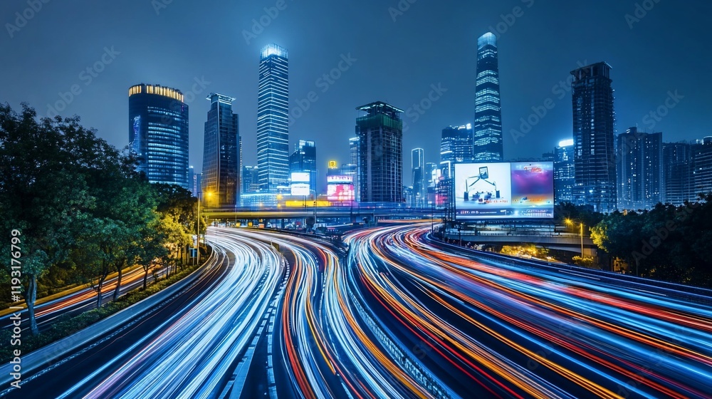 Night cityscape with light trails on highway. Night cityscape with light trails on highway.