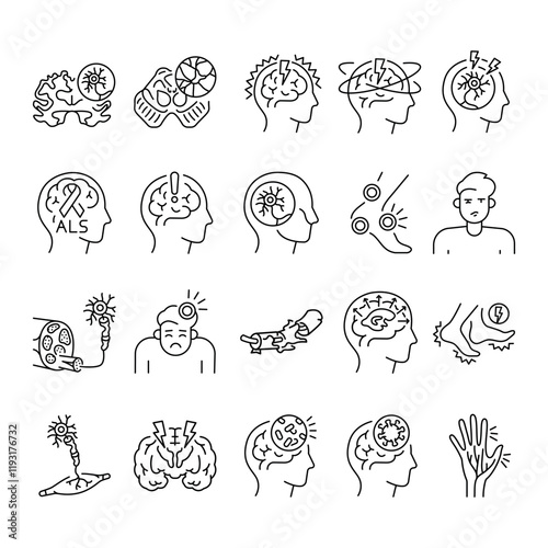 Neurological diseases line black icons set. Signs for web page, mobile app,
