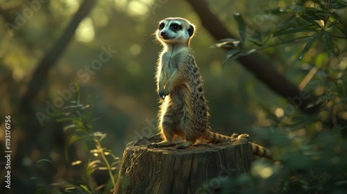 Alert meerkat on tree stump in sunny forest, wildlife photography photo