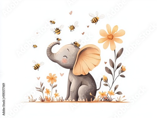 A cheerful elephant enjoying a sunny day surrounded by flowers and buzzing bees.