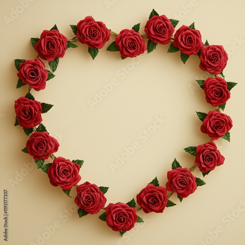 A heart-shaped arrangement of vibrant red roses against a plain background, symbolizing love and romance.