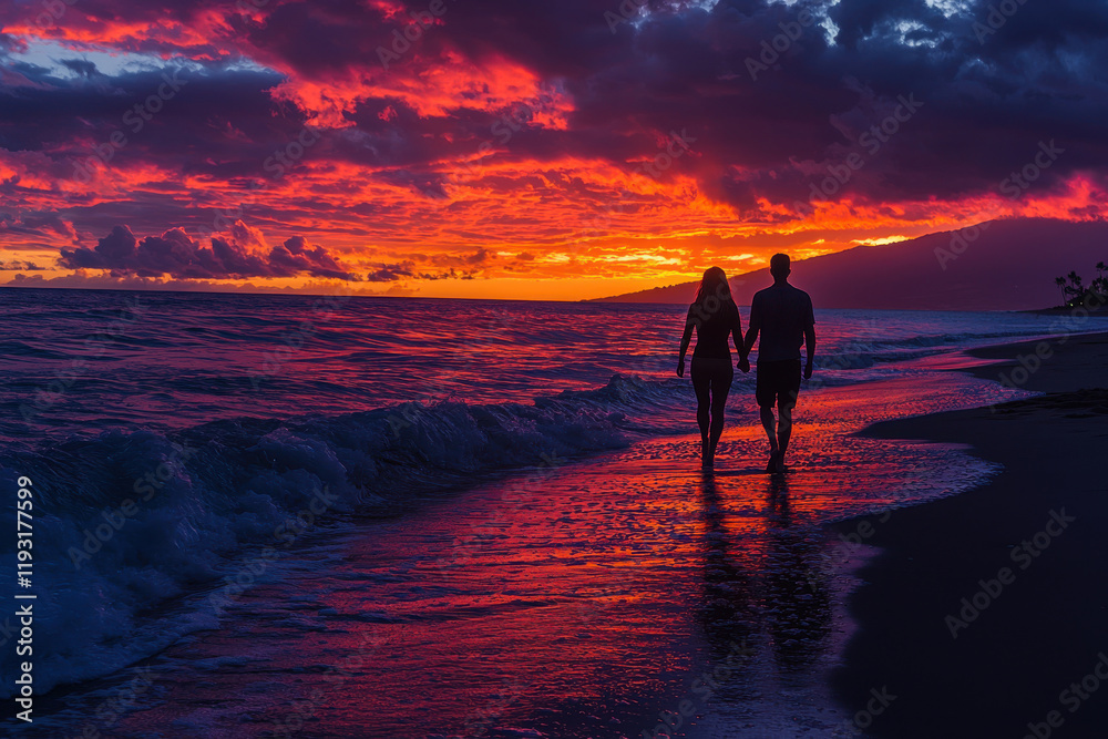 Fototapeta premium Couple walking on beach at sunset