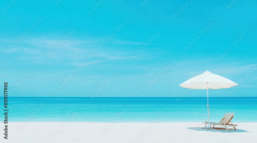 A serene beach with a white umbrella, lounge chair, clear sky, and calm blue sea A serene beach with a white umbrella, lounge chair, clear sky, and calm blue sea