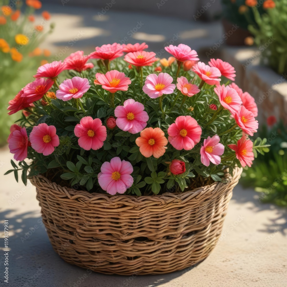 Fototapeta premium A delicate Portulaca grandiflora flower blooms in a bright summer landscape with other plants in a wicker basket , flowers, portulaca