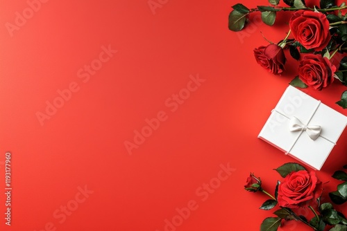 A beautiful arrangement of red roses beside a white gift box on a vibrant red background, perfect for celebrations or romantic occasions.
