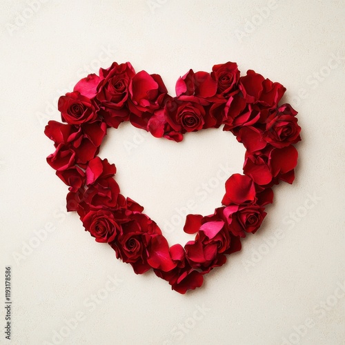 A heart-shaped arrangement of vibrant red rose petals, symbolizing love and romance on a neutral background.