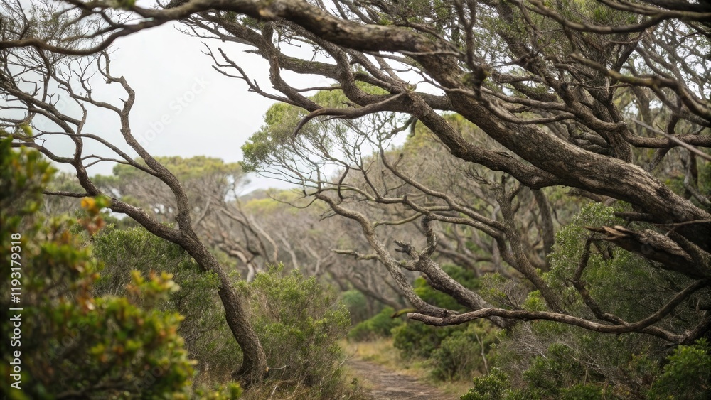 A dense thicket of twisted, gnarled tree branches, humid, gloomy, dark, mossy, overgrown vegetation A dense thicket of twisted, gnarled tree branches, humid, gloomy, dark, mossy, overgrown vegetation