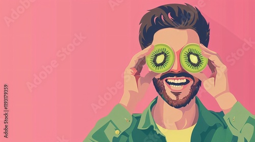 Joyful man hiding eyes with fresh kiwi slices on pink background
