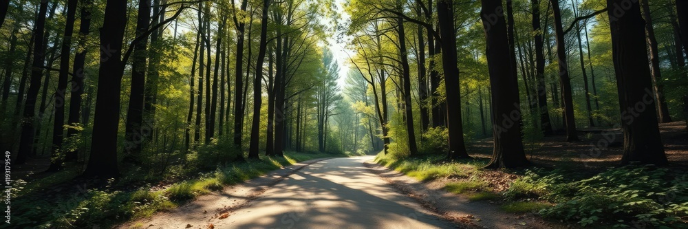 Obraz premium A dirt road leads through a sun-dappled forest glade with tall trees and a carpet of leaves, rural countryside, outdoor landscape, dirt road