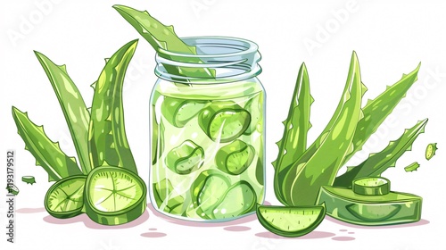 Delicious Aloe Juice and Fresh Cut Leaves in Mason Jar Isolated on White Background