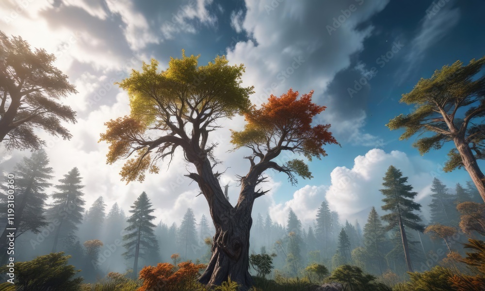 A fearless, towering tree branch stretching out above the treetops and disappearing into clouds, vastness, cloud, strength A fearless, towering tree branch stretching out above the treetops and disappearing into clouds, vastness, cloud, strength