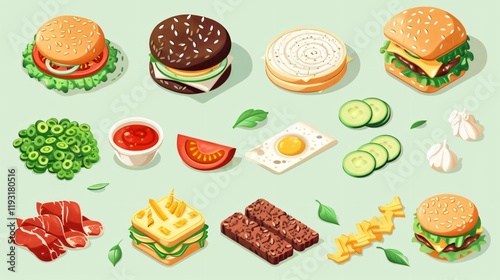 Creative Isometric Burger Ingredients Vector Illustration for Design Projects