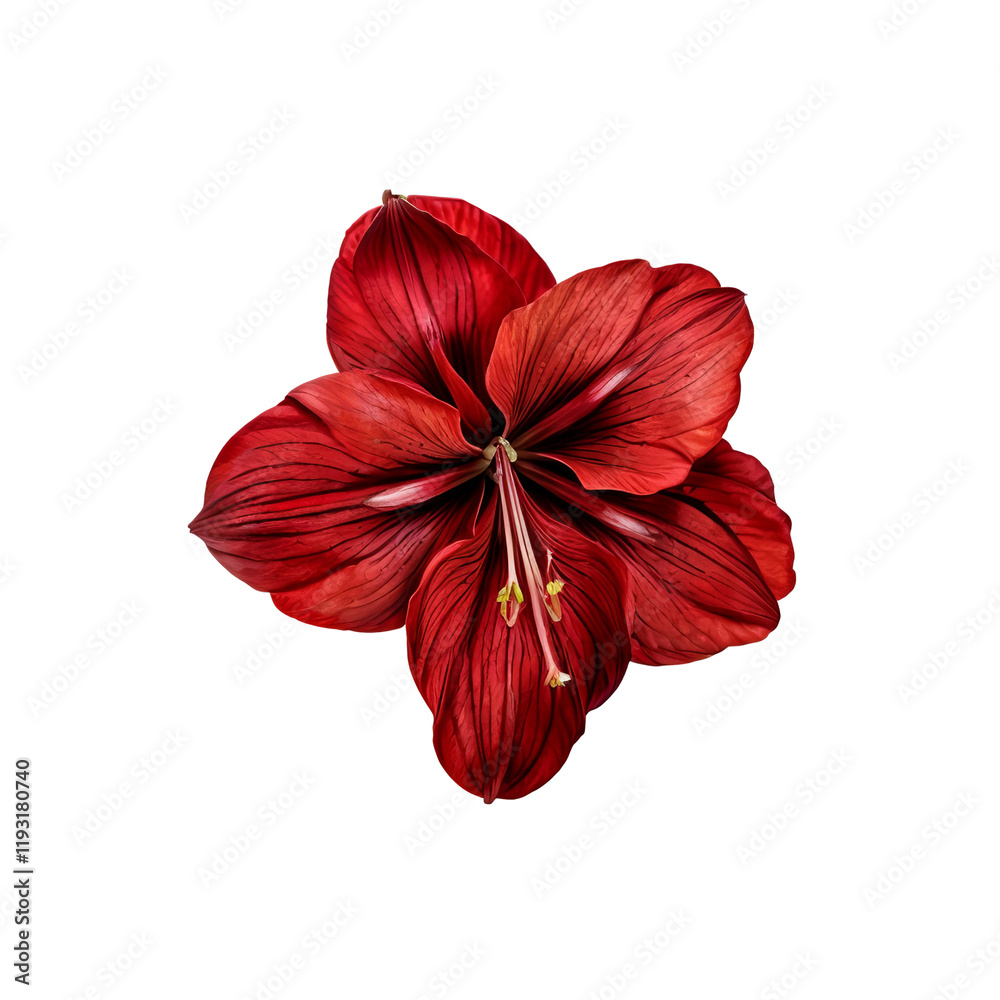 Obraz premium Scarlet Bloom: A close-up shot of a vibrant, scarlet amaryllis flower, showcasing its intricate petals and delicate details