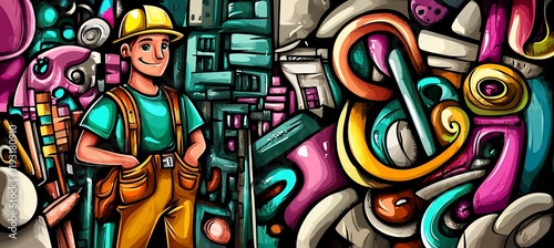 Wallpaper Mural Happy construction worker amidst colorful doodle art. Torontodigital.ca