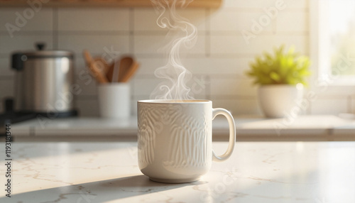 Wallpaper Mural Mocap. Steaming coffee cup on marble countertop in cozy kitchen Torontodigital.ca