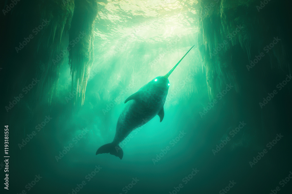 Obraz premium Majestic narwhal swimming in serene underwater environment, glowing tusks