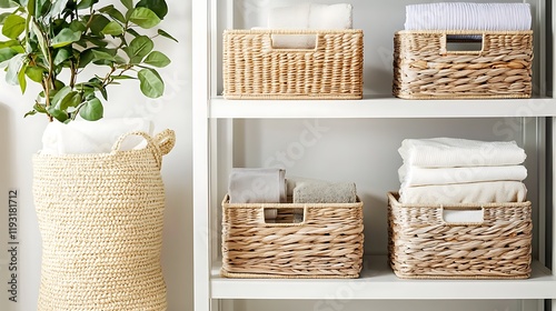 A white shelf with baskets on it and a basket on the left