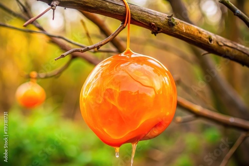 A glob of bright orange slime hangs from a branch like a chunky, pulpy pendant, jelly, bright, chunky, slime, pulpy