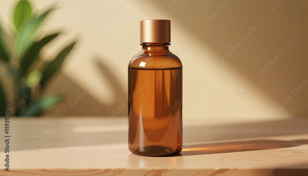 Fototapeta premium Mocap. Amber glass bottle with liquid on wooden table