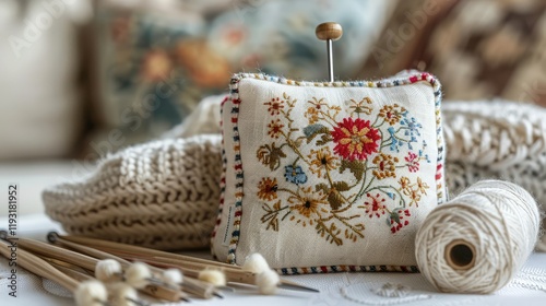A cute pincushion with antique pins and a classic spool of thread rest gracefully amidst knitting needles and soft wool yarn on a pristine white surface, exuding timeless elegance and craftmanship.