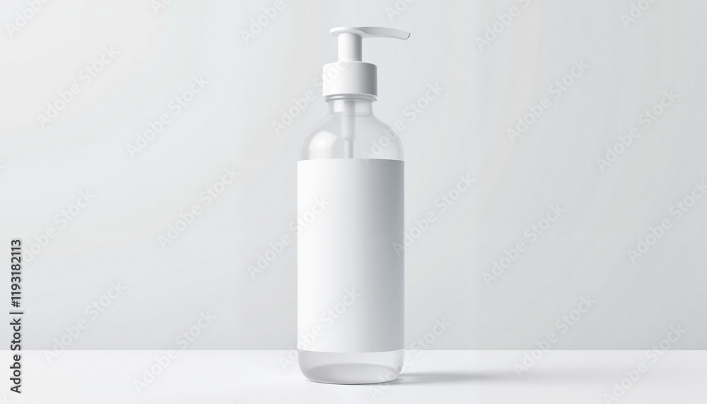 Mocap. Clear pump bottle with a blank label on white background