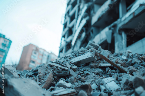 close up view of rubble from collapsed building after earthquake, showing debris and destruction in urban area. image captures aftermath and devastation photo