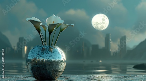 A stylish silver metallic vase with a modern minimalist design displays a single calla lily, with a sleek cityscape and a bright full moon