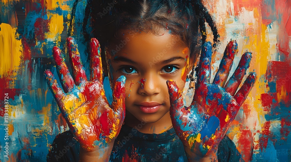 Obraz premium A Canvas of Joy: Young Girl Covered in Colorful Paints Celebrating Creativity and Childhood