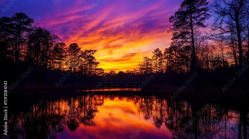 Obraz premium Vibrant sunset over calm lake reflecting fiery colors in the sky, silhouetted trees.