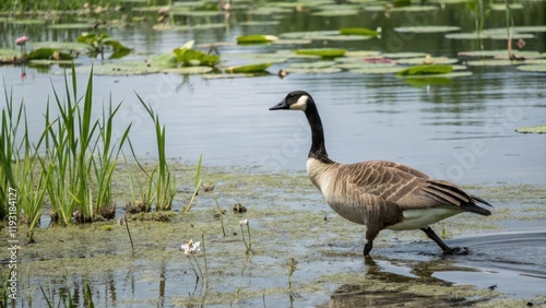 A gese waddles through shallow water with aquatic plants and lily pads in the background, anser fabalis, wildlife photo