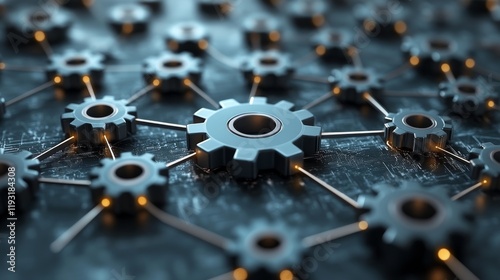 Futuristic network connection concept with interconnected gear mechanism for technology and innovation design