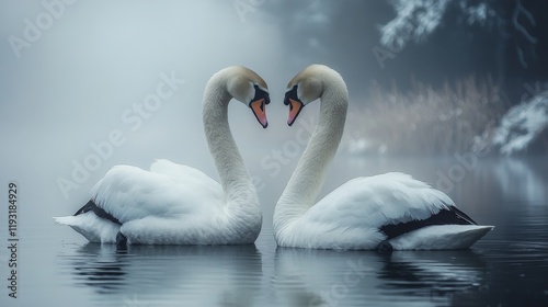 Black and white swan couple in love on serene lake at dawn